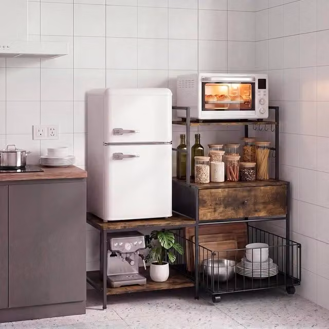 London Boutique Brown Industrial Rolling Kitchen Island Microwave and Coffee Bar Cabinet with Castors – 1