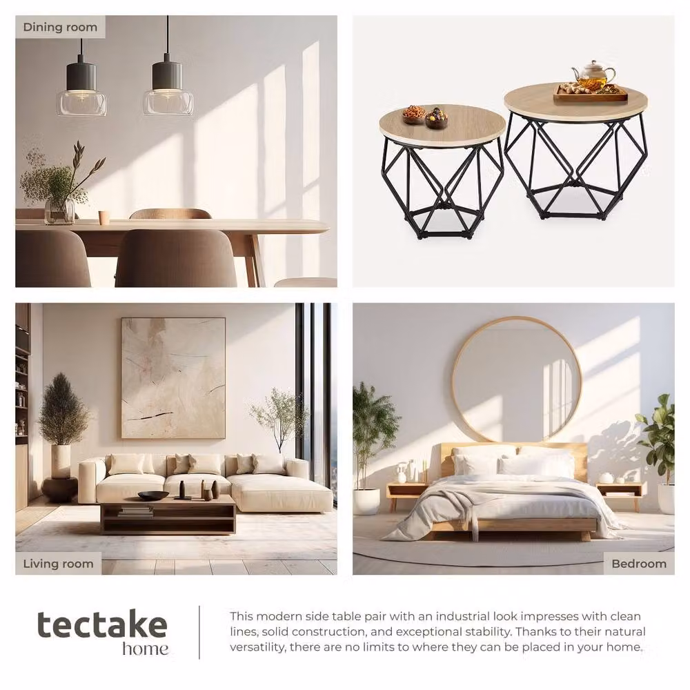 tectake Benham 2-Piece Round Nested Coffee Table Set in Light Oak and Black – 5