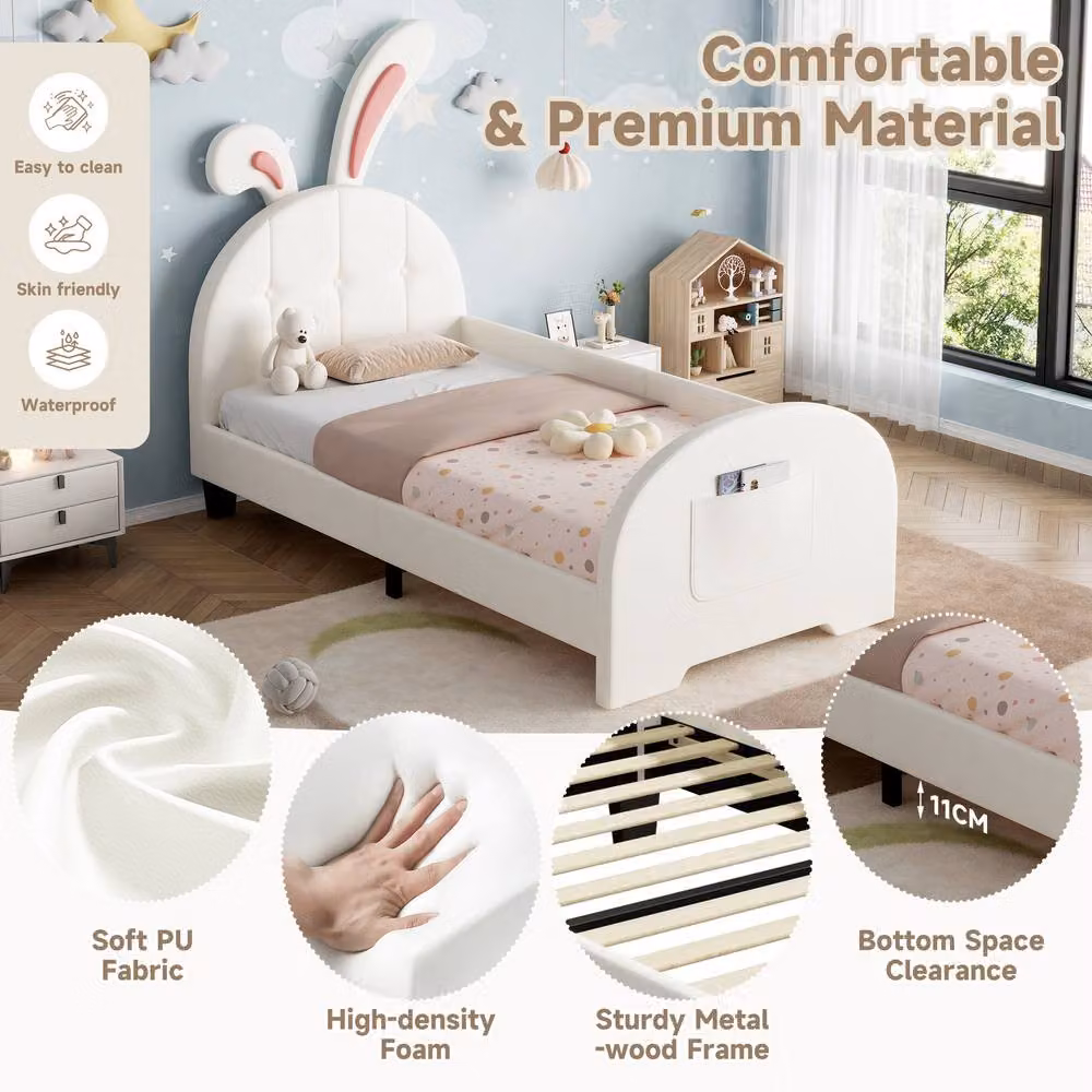 BTM Single Upholstered Bunny Headboard Bed Frame with Storage Pockets in White, W/D/H: 90 x 190 cm – 2