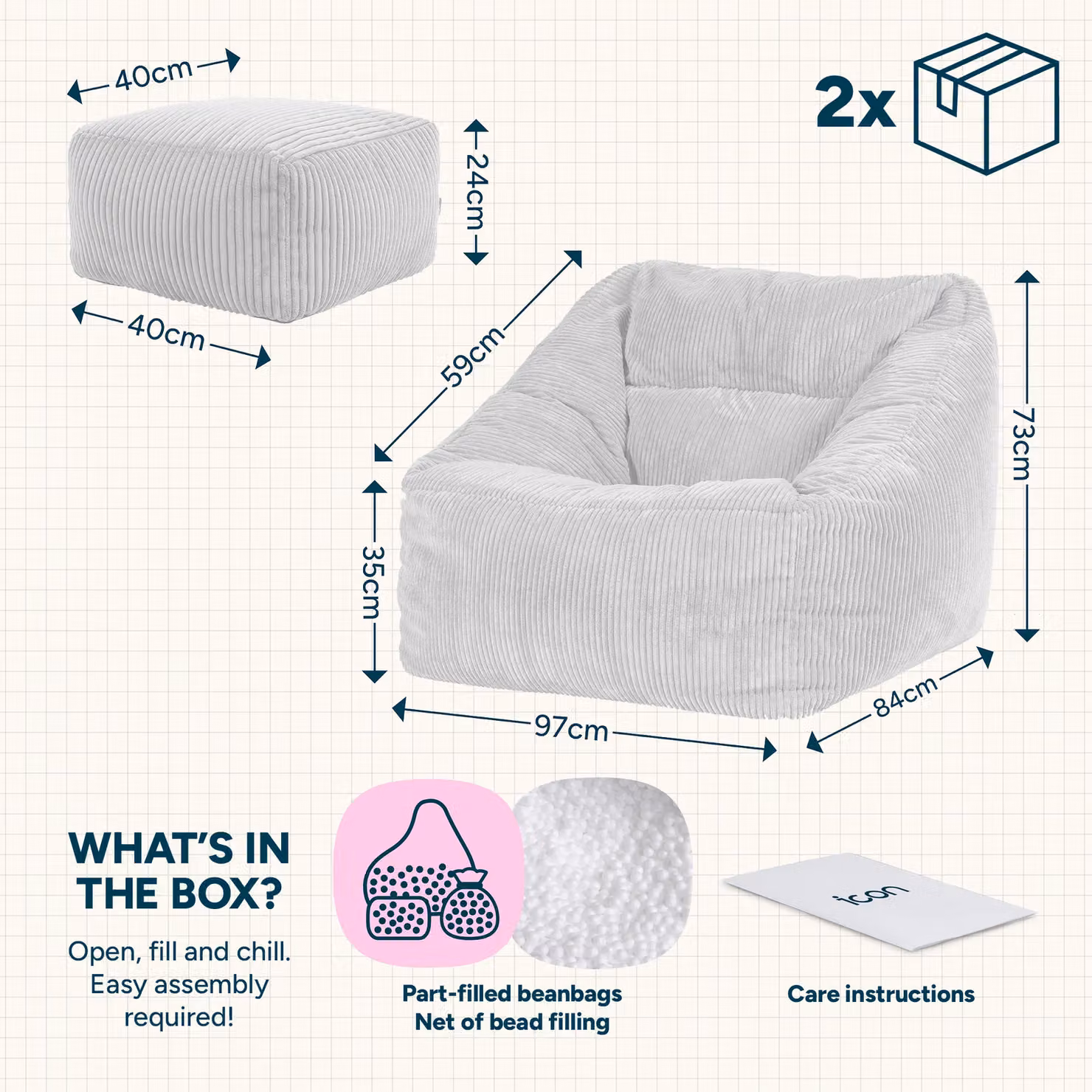 icon Natalia Cord Bean Bag Chair and Footstool Bundle with Filling Included, Grey – 3