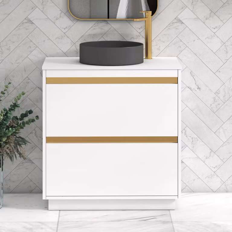 Royal Bathrooms Orion 800mm Matt White Floor Standing 2 Drawer Vanity Unit with Art Round Basin and Brushed Brass Accent Trim