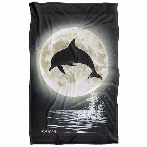 JQ Licensing Royce Mcclure Dolphin Moon Silhouette Super Soft Silky Touch Fleece Throw Blanket, Multicolour, W/D/H: 91 x 147 cm – 1