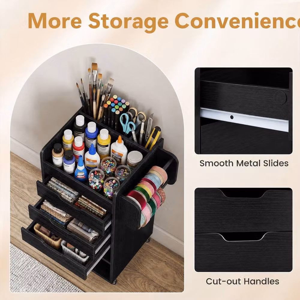 Costway Rolling Storage Cart Mobile Cabinet with 3 Drawers in Black – 7