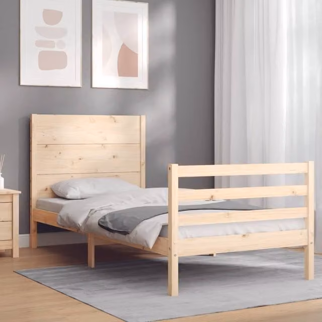 Berkfield Home Solid Wood Bed Frame with Headboard in Brown, W/D/H: 90 x 200 cm