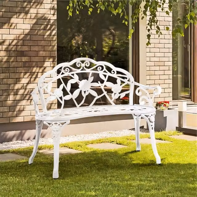 Yaheetech White Metal Outdoor Patio Bench with Antique Floral Rose Pattern