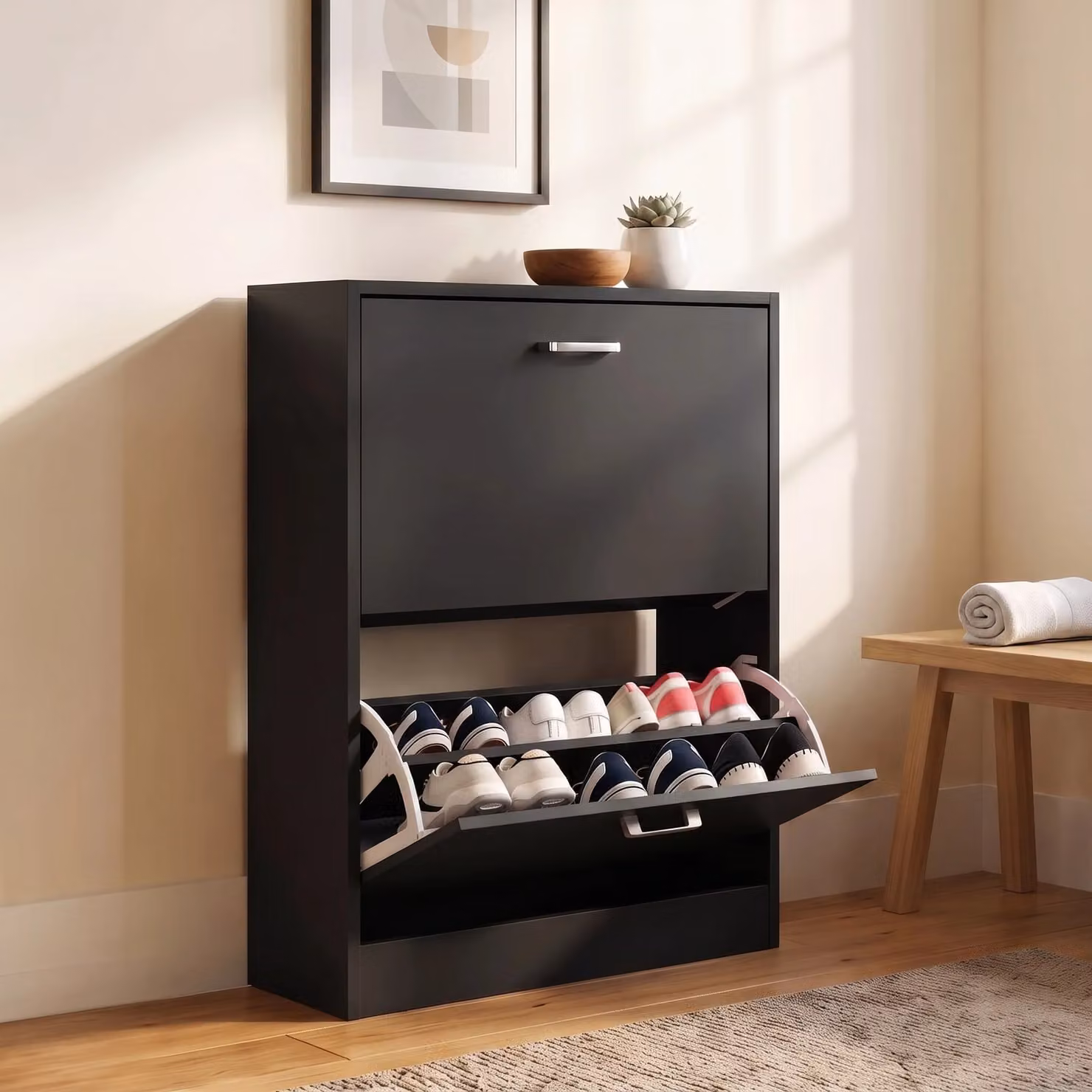 Modern Black Matt Slim Shoe Storage Cabinet with Tilting Compartments and Ventilation for Hallways
