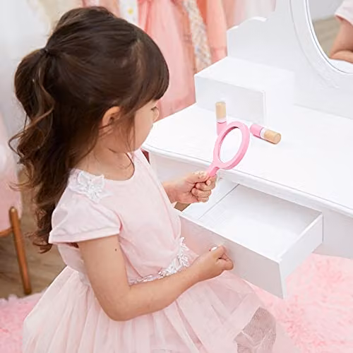 Teamson Kids Princess Rapunzel Wooden 2-Piece Vanity Play Set with Three Storage Drawers, Rotating Oval Mirror and Matching Stool, White, W: 69.9 cm, D: 41.3 cm, H: 25.4 cm – 2