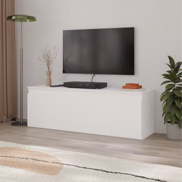 Decortie Modern White TV Stand with Soft-Close Drop-Down Door