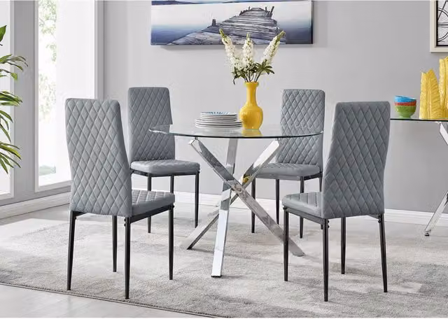 FurnitureboxUK Selina Round Glass Kitchen Dining Table and 4 Milan Black Leg Chairs in Grey