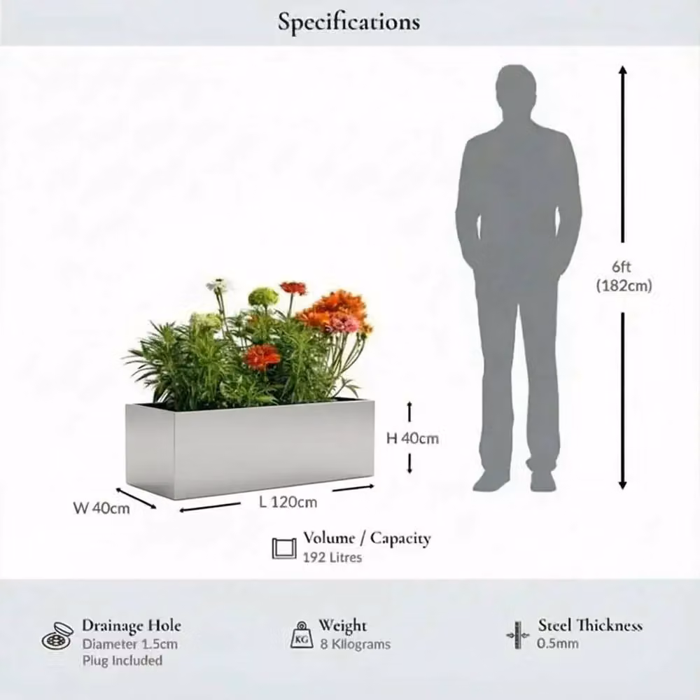 Access Garden Products Silver Galvanised Steel Trough Planter, W: 120 cm, D: 40 cm, H: 40 cm – 4