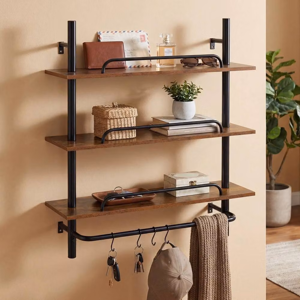 VOGREX Industrial Pipe 3-Tier Wall Mounted Floating Shelves in Brown and Black – 4