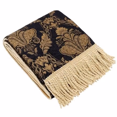 Paoletti Shiraz Traditional Jacquard Chenille Throw with Fringes, Black and Gold, W: 130 cm, L: 170 cm