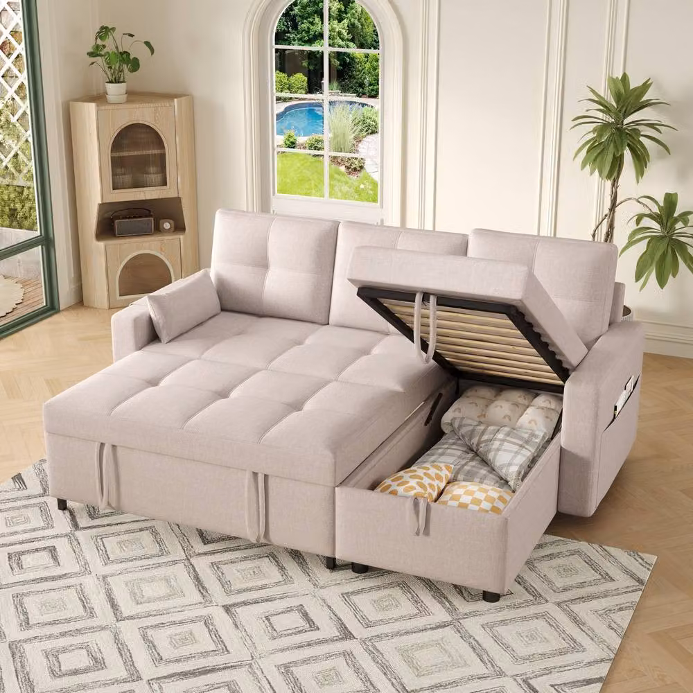 FENCHILIN Reversible L-Shape Sofa Bed with Pull-out Sleeper and Cup Holder, Beige, W/D/H: 140 x 190 x 87 cm – 2