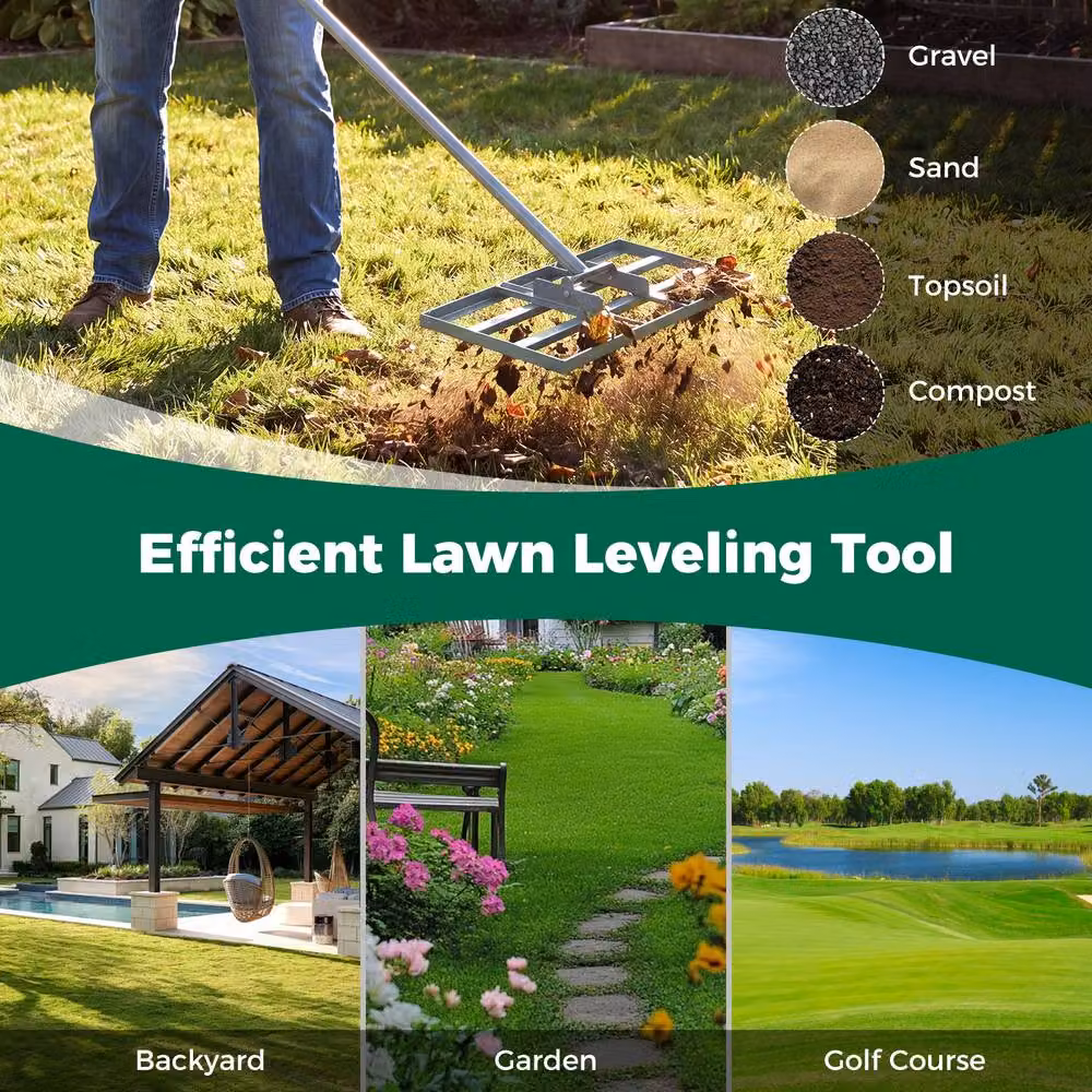 Costway Heavy-Duty Metal Lawn Leveling Rake with Adjustable Handle in Silver – 2