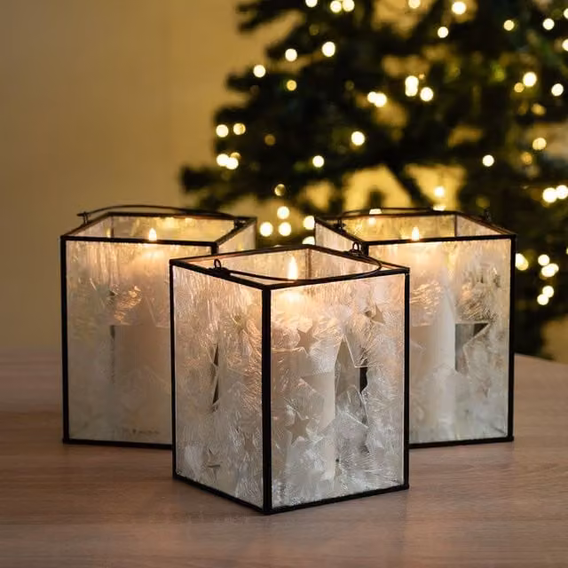 Scottish Everlastings Ltd Set of 3 Black Star Tabletop Lanterns with Glass and Metal Geometric Design