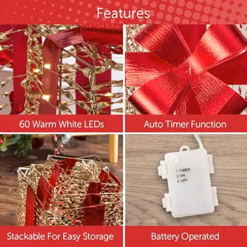 The Christmas Workshop Light-Up Gold and Red Gift Box Set of 3 with Warm White LED Lights and Timer Function, Battery Powered, W/D/H: 22 x 20 x 20 cm – 3