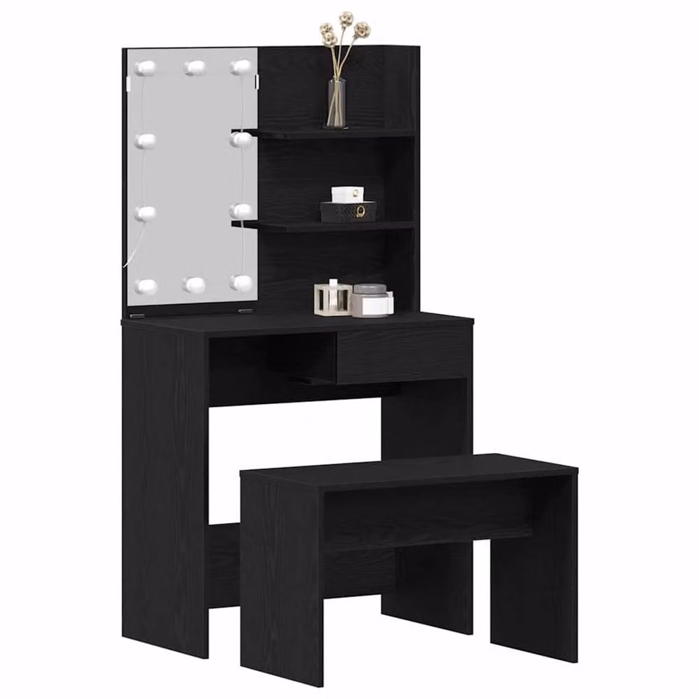 Berkfield Home Hollywood LED Dressing Table Set in Black Oak Matt Finish – 2