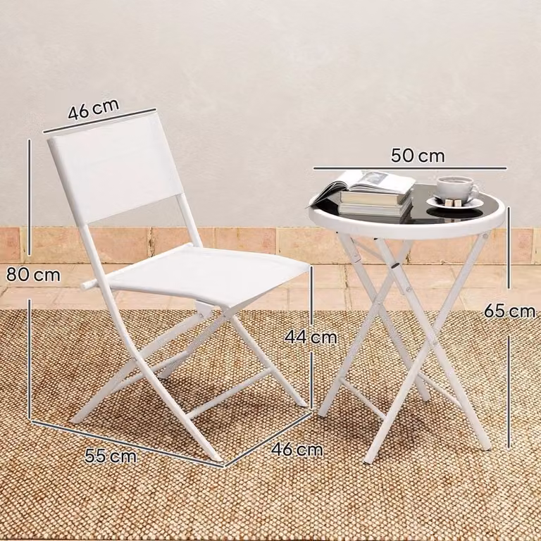 SPETLEK 3 Piece White Outdoor Bistro Set with Round Folding Top and Powder Coated Steel Frame
