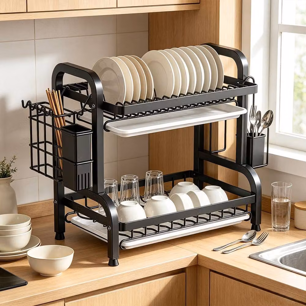 Ventryn 2 Tier Large Dish Drainer Rack with Cutlery Holder and Drip Tray, Black – 6