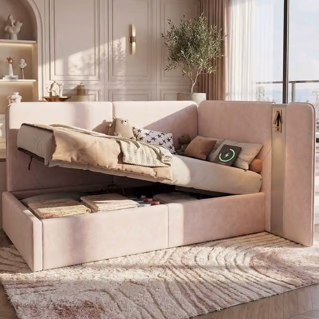 BTM Single Upholstered Daybed with Storage and USB Charging Port in Pink, W/D/H: 90 x 190 x 136 cm