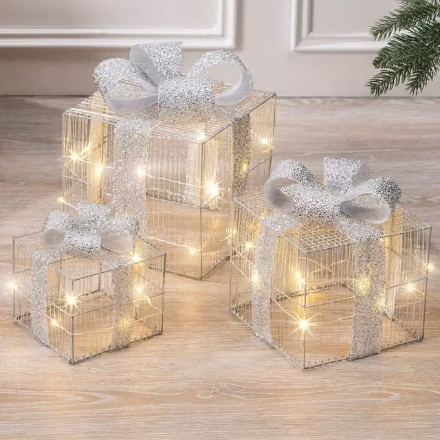 Christow Set of 3 Silver LED Light Up Christmas Present Parcels with Timer, Battery Operated Tabletop Decoration