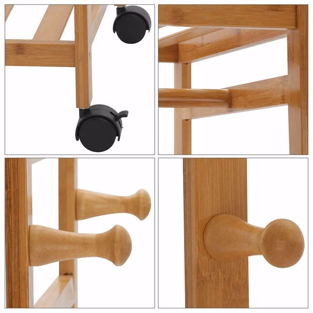 ERGOVEXA Tall Clothes Rail and Garment Hanging Display Stand with Storage Shelf in Natural Bamboo – 3