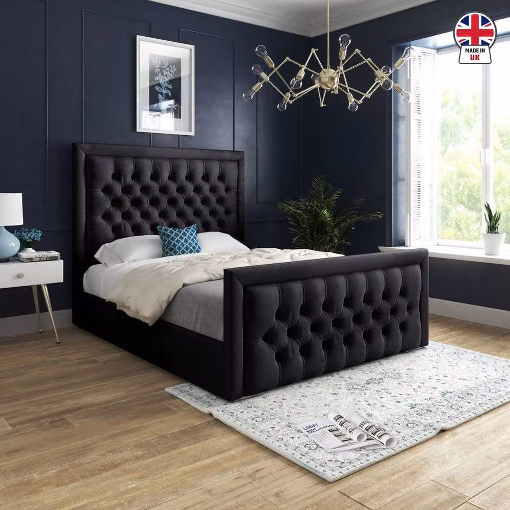 KDMD Swanscombe Modern Upholstered Designer Bed Frame in Black Soft Velvet, W/D/H: 90 x 190 x 137 cm – 3