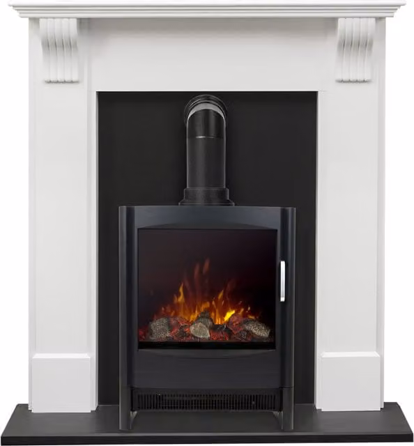 Adam Fires & Fireplaces Harrogate Surround in Pure White with Keston Electric Stove in Black – 1