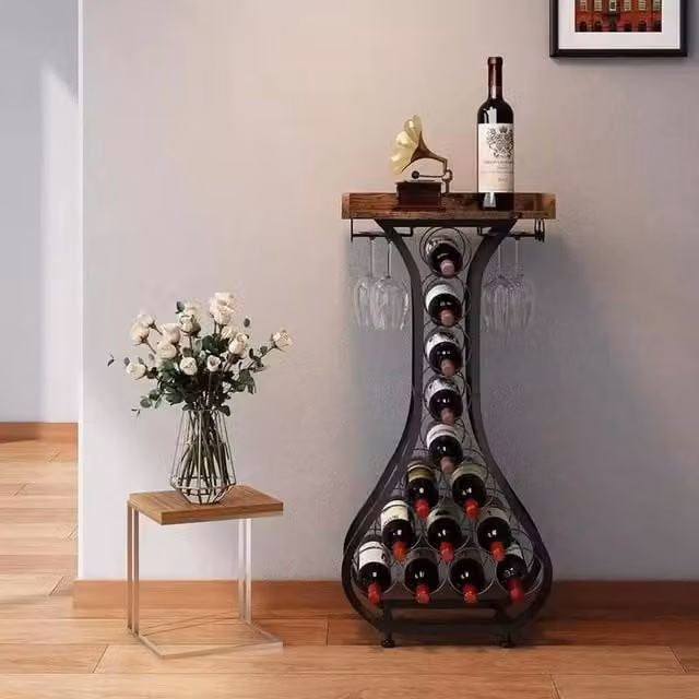 FORGEVIO Modern Freestanding Wooden Wine Rack with Black Metal Legs in Oak and Brown – 1