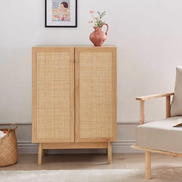 Wyld and Coco 2-Door Rattan Front Sideboard with Pine Accents in Brown, W73 x D41 x H102 cm – 1