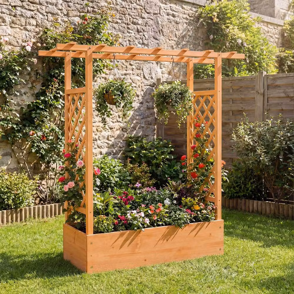 Costway Orange Wooden Raised Garden Bed with Side Trellis and Hanging Roof, Height: 114 cm – 5