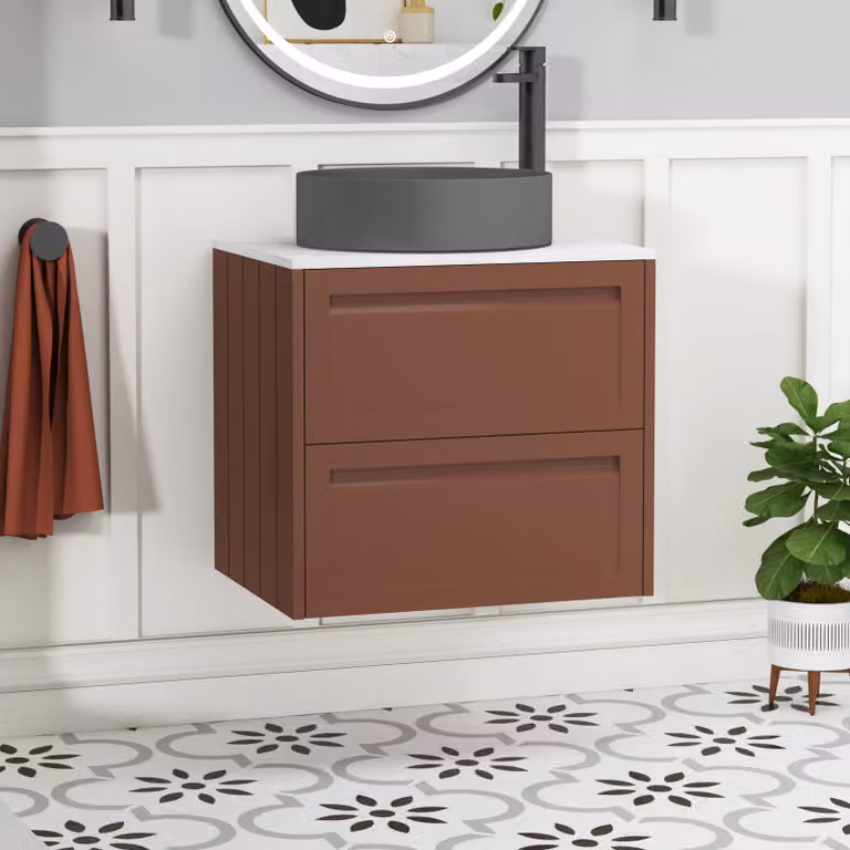 Royal Bathrooms Elmore 600mm Terracotta Clay Wall Hung 2 Drawer Vanity Unit with White Art Round Basin