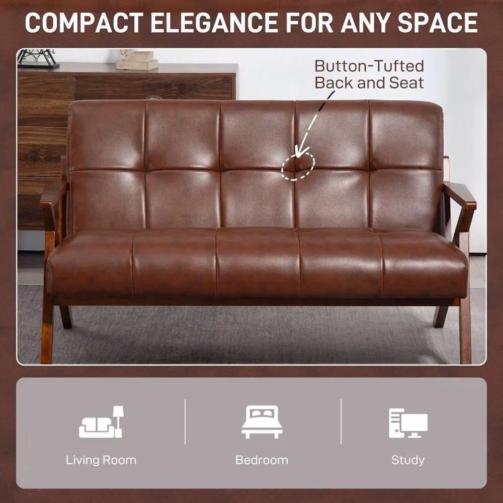 FORGEVIO Mid-Century Compact Small Sofa with Solid Beech Wood Frame and Brown PU Leather – 4