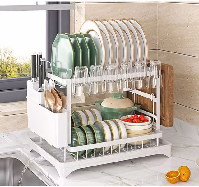 Lishetimig White Over the Sink Dish Drying Rack with Cup Holder, Cutlery Holder and Drip Tray