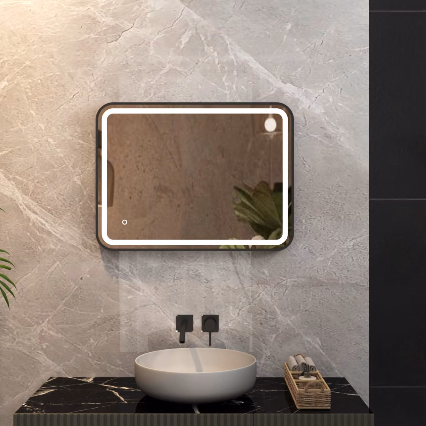 Royal Bathrooms Luna Matt Black Frontlit LED Framed Illuminated Mirror with Demister Pad and Touch Sensor W: 60 cm, H: 80 cm