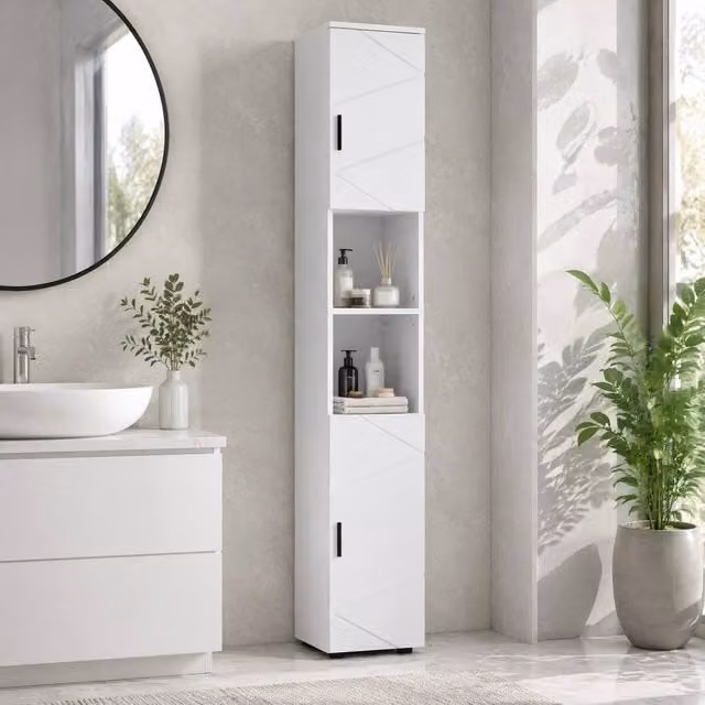 STILVORA White Lacquered Bathroom Storage Cabinet with Soft-Close Hinged Doors and Internal Shelves