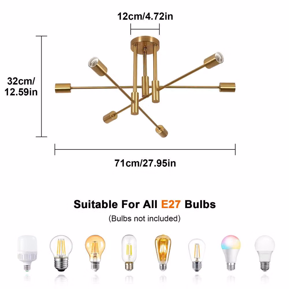 Pheashine Gold 6-Light Semi-Flush Ceiling Light with Adjustable Arms and E27 Sockets, Diameter: 50 cm – 2