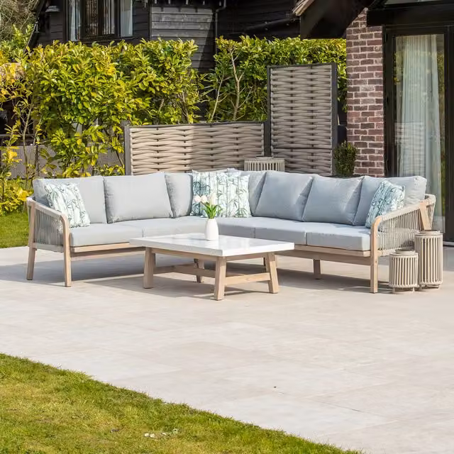 Bracken Outdoors Modern Acacia Wood Corner Sofa Set with Coffee Table in Beige, Brown and Grey
