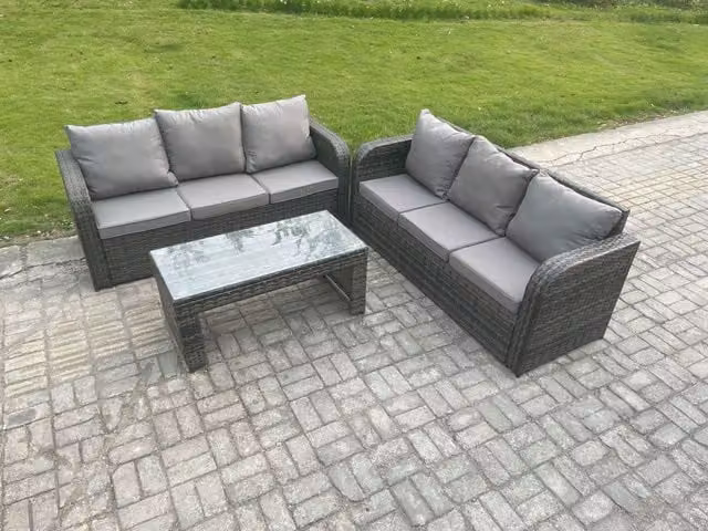 Fimous Dark Grey Rattan Garden Furniture Set with Rectangular Coffee Table