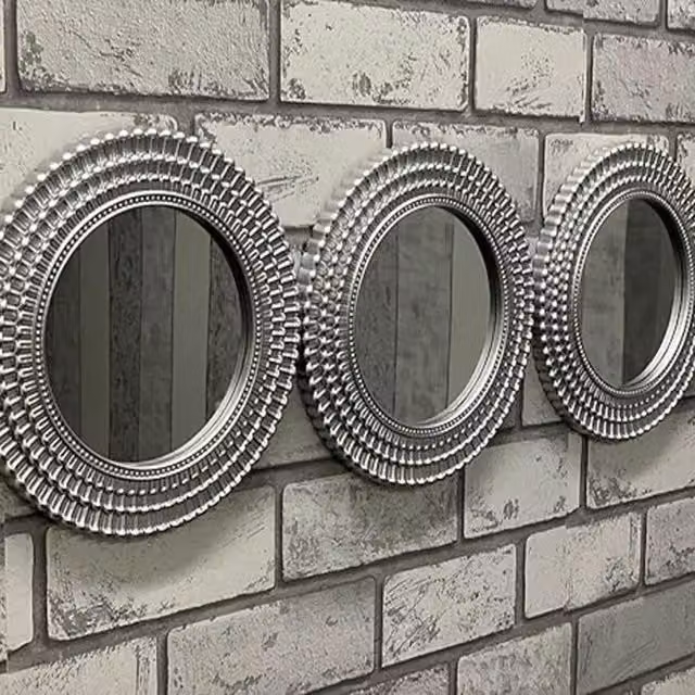 DEENZ Set of 3 Silver Moroccan Art Round Geometric Wall Mirrors, Diameter: 25.5 cm