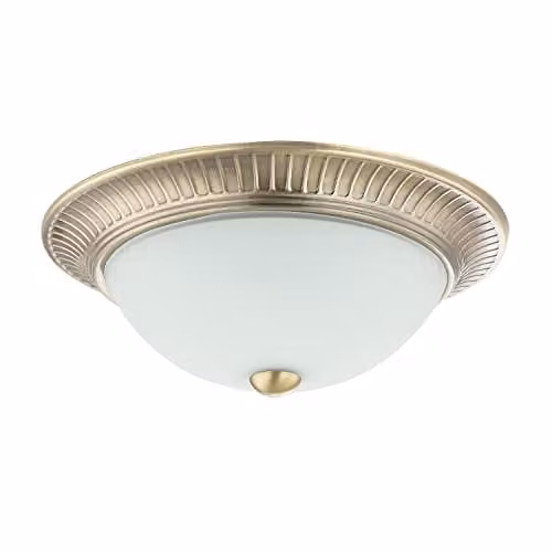 Happy Homewares Classic Brass Plated Flush Ceiling Light Fitting with White Glass Diffuser, Diameter: 27 cm