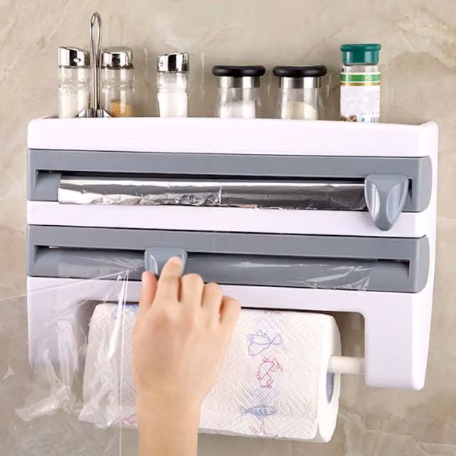 Livingandhome Wall Mounted Cling Film and Paper Towel Dispenser in Grey