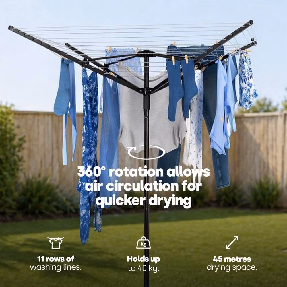 LIVIVO 4 Arm Rotary Outdoor Washing Line and Clothes Dryer in Black with Ground Spike and Cover – 4