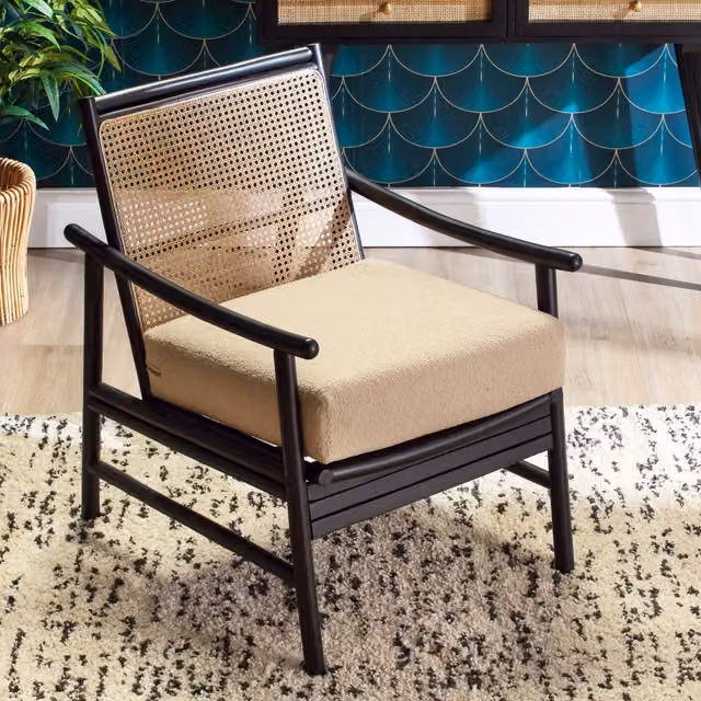 Desser Borneo Indoor Rattan Armchairs with Black Bouclé Fabric Cushion