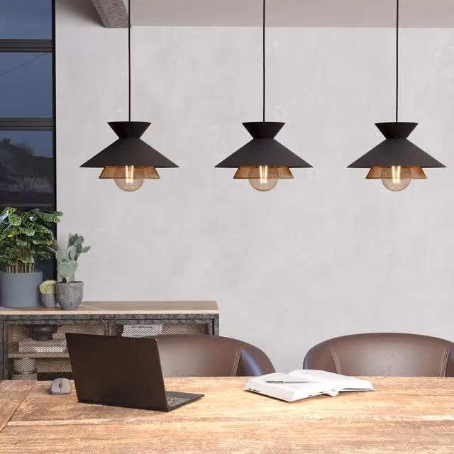 Eglo Grizedale 3-Light Suspended Pendant Light in Black Metal with Brass Accents