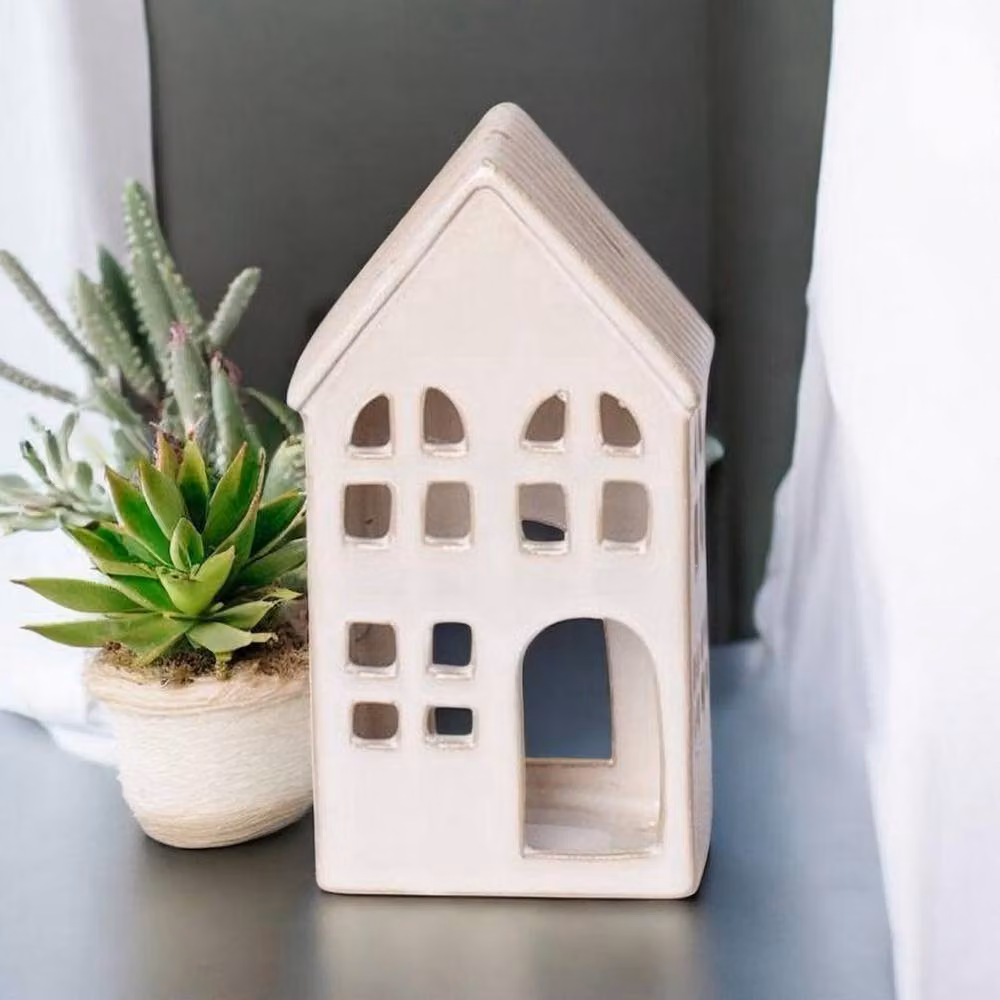Minster House Ceramic Tealight Holder in Beige and White, W: 6 cm, D: 6 cm, H: 17 cm – 2