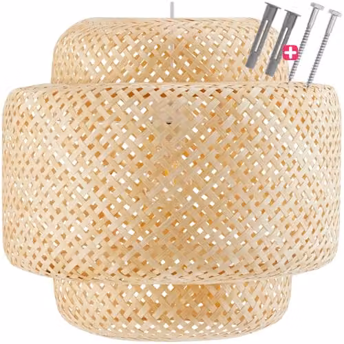 tectake Lignea Lux Boho Style Ceiling Light with Bamboo and Metal Lampshade in Brown, 40W, Height-Adjustable