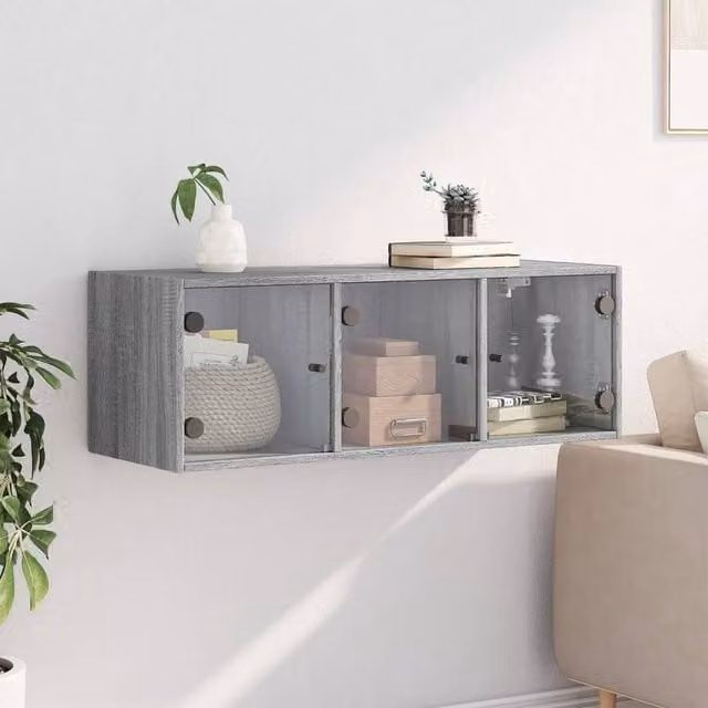 Berkfield Home Wall Cabinet with Glass Doors in Grey Sonoma, W/D/H: 102 x 37 x 35 cm – 1
