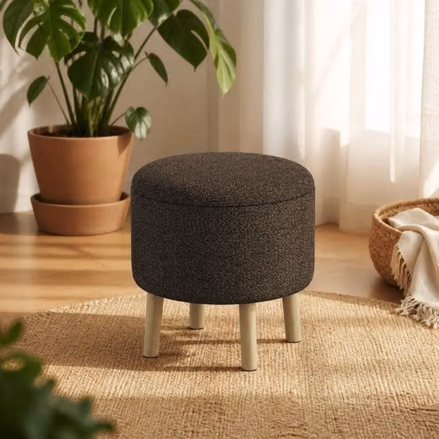 STILVORA Modern Cylindrical Ottoman Stool with Storage in Brown Oak Wood and Fabric – 1