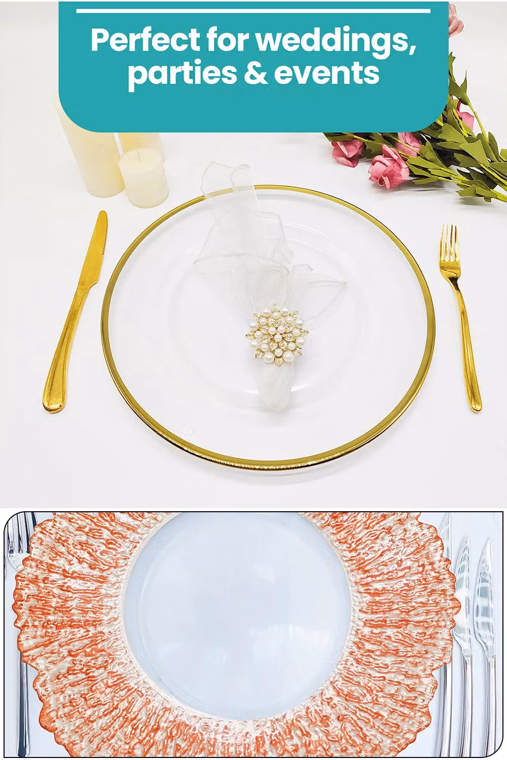 Set of 12 Neel Blue Glass Charger Plates with Gold Trim, Diameter: 33 cm – 2